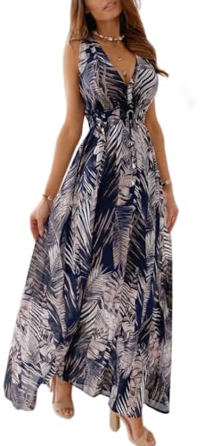 CheChury Damen Sommerkleid Lang Maxikleid Sommer V Ausschnitt Kleid Floral Maxikleider Elegant Freizeitkleider Ärmellos Strandkleid Lang Kleider Partykleid Freizeitkleider Boho Beach Maxi Dress,Blau,L