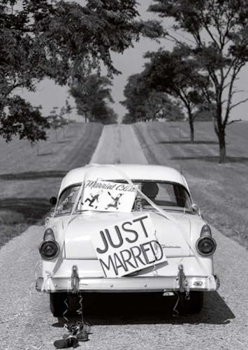 Tushita Hochzeitskarte Just Married - Vintage Auto mit Dosen, Schwarz-Weiß Rückansicht, Brautpaar & Straßenlandschaft, Retro Glück & Liebe Feier Deko