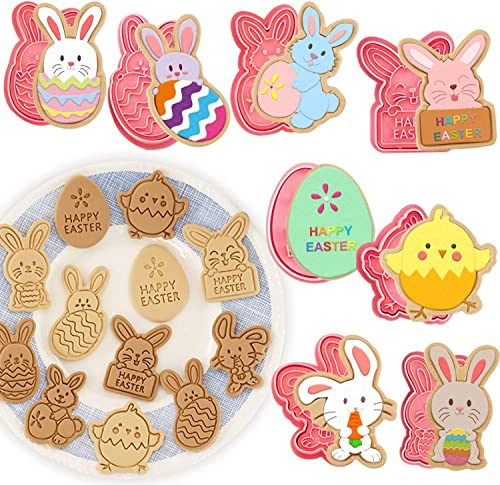 8 Pcs Easter Cookie Cutter Set, 3D Plastic Easter Eggs Bunny Stamp for Cookie Dough, Pastry, Donut, Fondant, Sugarcraft, DIY, Cake Decoration Chocolate Mould Cookie (Easter-8 pcs)