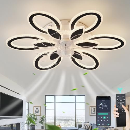 LED Ventola Lampadario Silenzioso Reversibile 6 Velocità Plafoniera Con Ventilatore Integrato , Dimmerabile Timer Ventilatore Da Soffitto Con Luce E Telecomando Per Camera Da Letto Soggiorno, Nero