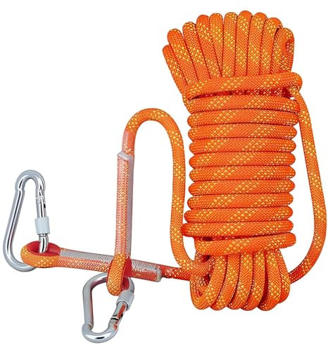 Swavitie 10 mm 15 Mètre Corde Escalade Polyester 15m d'escalade Statique Corde avec Mousqueton Escalade Corde de Sécurité Cordes Randonée Multifonction Orange pour Alpinisme Camping Sauvetage Grimpe