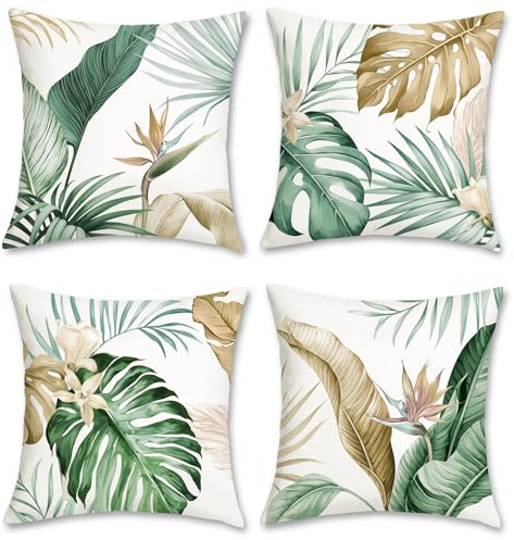 Bonhause 4er Set Kissenbezüge Tropische Blätter 45 x 45 cm Grün Braun Blätter Samt Soft Dekorative Kissenhülle Zierkissenbezüge für Sofa Zuhause Garten Patio Dekoration