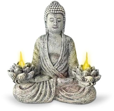 Tuzsocr Solar Buddha Gartenstatuen - Meditierender Buddha Figur Deko mit Lotus LED-Leuchten, Buddha Statue Zen Zimmer Dekoration, Harz sitzende Budda Figuren Deko Außen, Hof, Terrasse, Fensterbank