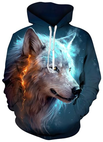 Fanient Kapuzenpullover Herren Damen Fleece Pullover Unisex Jugend 3D Wolf Drucken Hoodies Herren Coole Sweatshirts mit Taschen L