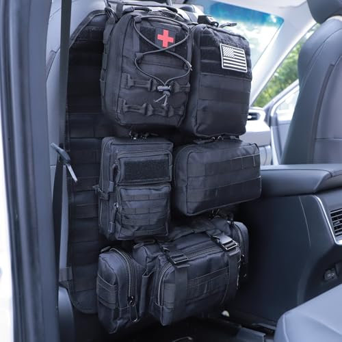 Universal Tactical Car Seat Back Organizer Bag Tactical Molle Vehicle Organizers Panel Vehicle Protector Organizers with 5 Detachable Pouches for Car Truck Ford Jeep (Model A-Black)