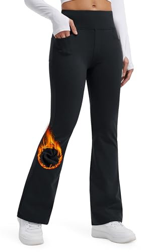 Libin Damen Thermo Flared Leggings Thermohose Wanderhose Wasserabweisend Winter Sporthose Schlaghose Yogahose Bootcut Hose mit Taschen, Schwarz M