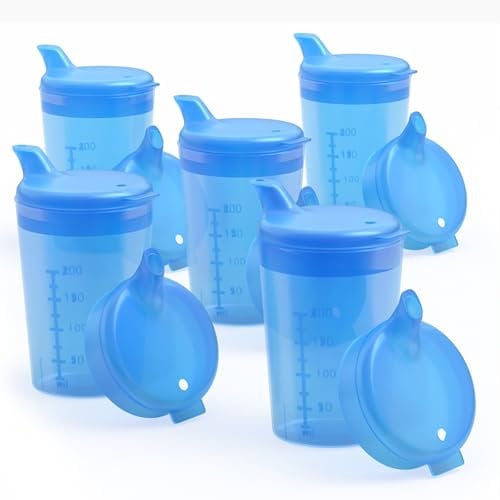 Horn Medical Pack of 5 Adult Drinking Aids 250 ml Sippy Cups Plus 5 Lids for Liquids & 5 Lids for Porridge/Mus - Choice of Colours (Blue)