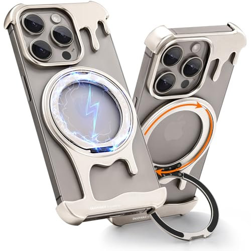 NIFBANG Rahmenlose Hülle für iPhone 15 Pro Max,Aluminium Bezel Less Bumper Handyhülle, Metall Kickstand 360°Drehung Magnet Ständer, Stoßfeste Schutzhülle für i Phone 15 Pro Max Case,Titan Natur