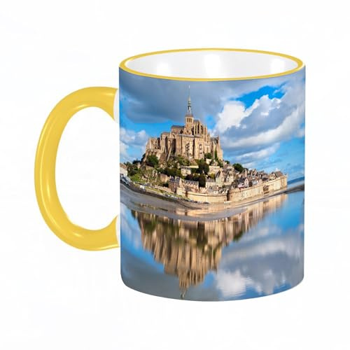 YOIUE Tasse aus Keramik - Große 11oz Tassen 330ml Kaffeetassen mit Henkel, 100% Handbemalt - Trinkgläser mit Griff - Weiß,Mont Saint Michel, Frankreich