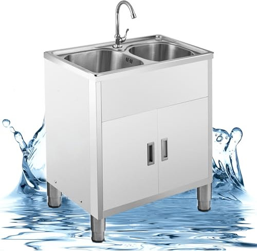 Fregadero Cocina de Acero Inoxidable,Mueble Fregadero de 2 Senos,Lavabo con Grifo de Agua Fría y Caliente y Kit de Drenaje,Fregaderos Exterior Jardin,para Garaje,Lavadero,Baño,Comercial