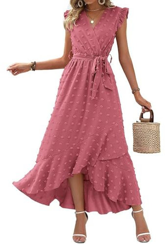SCBFDI Robe Cocktail Femme Sexy Cintrée Ete Courte Devant Longue Derriere Manches Volantes Bureau Estivale Chic Plage Robe, Femme Bohème Maxi Longue Robe Rose S