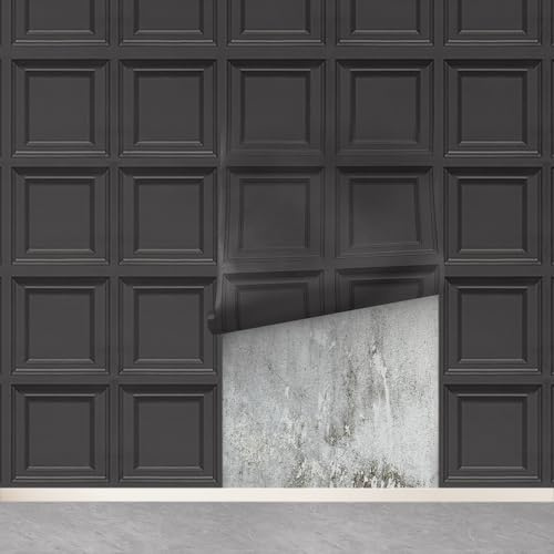 Tarwanear 6 Rolls of Black Wallpaper for Living Room Black Panel Wallpaper Non-Woven 3D Panelling Wallpapers Faux Tartan Easy Installation Design for Feature Walls Fireplace Frontroom