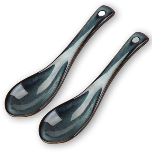 2 PCS Asiatische Suppenlöffel, Japanische Blaue Keramik Suppenlöffel mit kurzem Stiel, Ramen Löffel, Chinesische Keramik Löffel, Kleine Porzellanlöffel für Miso Pho Wonton Dim Sum Eintöpfe