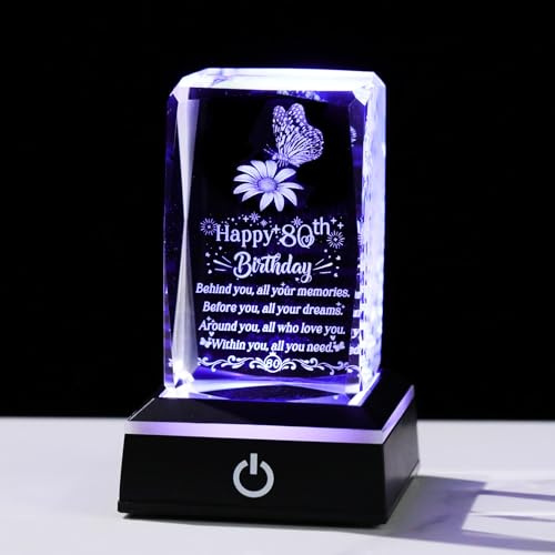 Ornalrist 80th Birthday Gifts for Women Mum Glass Keepsake with LED Base | 80 Year Old Birthday Presents, Luminous Plastic Colorful LED Base, Engrave Pattern Words, Home Ornament,for Gandma Friend Mum