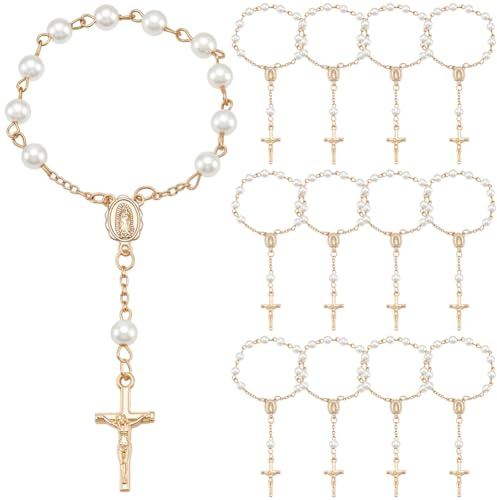 INTERWARM 50 x Gastgeschenk Kreuz Taufe Taufrosenkranz Elfenbeinfarbenes | Kunstperlen Kreuz Armband Taufe Party Gastgeschenke Vergoldete Mini Perlen Für Ostern Kommunion Hochzeit Party Gastgeschenk