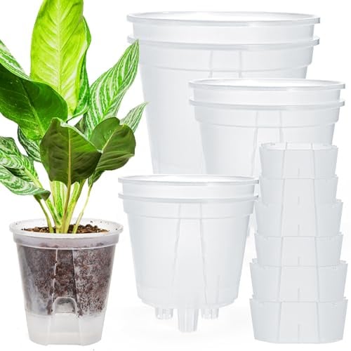 yarlung 6 Pack Self Watering Pots with Reservoir Tray and Holes, Clear Plastic Self Watering Planters for Indoor/Outdoor Plants Flowers, Round 12/15/ 17.8 CM