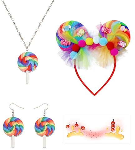RAOPNHS Lollipop Candy Kostüm Set für Damen & Mädchen – Haarreifen, Ohrringe, Halskette & Face Sticker, Haarreif Mädchen, Süßes Zubehör für Karneval Kostüm Damen, Candy Girl Kostüm & Mottopartys