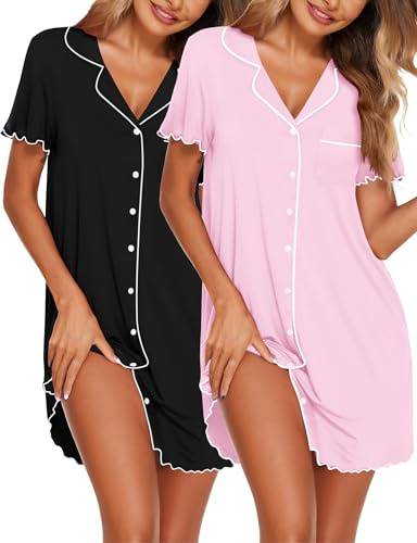 Ekouaer Camisón Mujer Manga Corta con Botones 2 Piezas Verano Cuello V Tipo Cárdigan Vestido Pijamas Camison Lactancia
