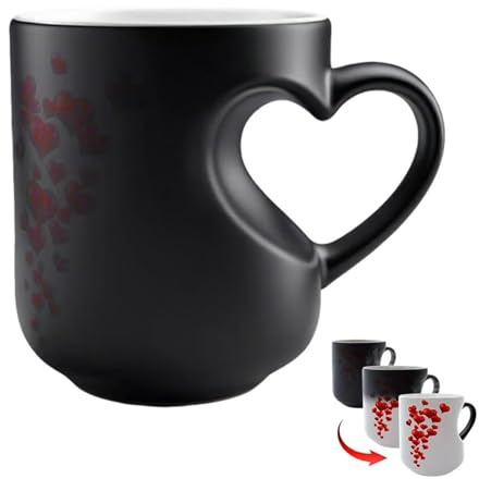 Tasse à café magique en céramique en forme de cœur à changement de couleur pour la Saint-Valentin, révèle un design romantique surprise avec boisson chaude, cadeau amusant pour les couples (noir A)