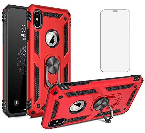 Phone Case for iPhone Xs X 10 with Tempered Glass Screen Protector Magnetic Stand Ring Holder Accessories Heavy Duty Rugged Protective Shockproof Hard Bumper iPhoneX iPhoneXs i SX 10x 10s 10xs Red