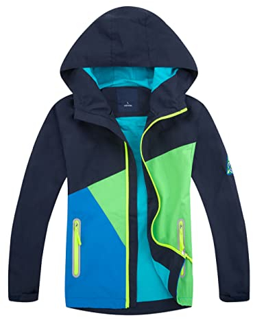YoungSoul Blouson Imperméable Garçon - Coupe Vent Fille à Capuche Color Block - Veste de Randonnée Printemps Automne - Bleu foncé - 10-11 ans/Taille 150
