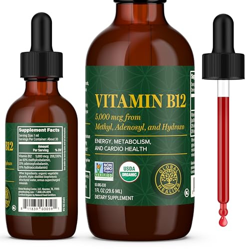 Global Healing Center - Vitamin B12 Sublingual 5000 MCG Organic Liquid Supplement, Methylcobalamin, Adenosylcobalamin, Hydroxo Long-Lasting Energy and Healthy Metabolism - Vegan B12 Vitamins (1 Oz)