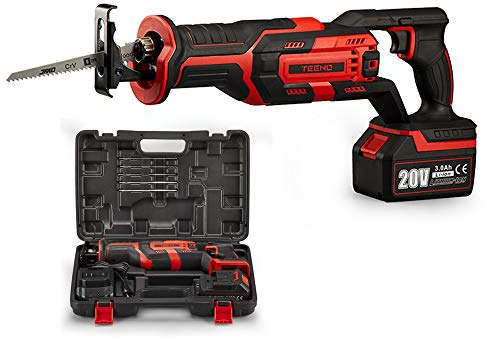 Scie Sabre sans fil TEENO,20V Scie Sabre à Batterie, Scie Egoîne Electrique sans Fil, 5×Lames de Scie, Avec 3Ah Batteries,Boite en plastique