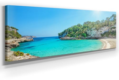 Panorama Leinwand, Cala Llombards, Mallorca - als 150x50cm großes XXL Leinwandbild. Wandbild als Hintergrund und Deko für Wohnzimmer & Schlafzimmer. Aufgespannt auf 2cm Holzrahmen