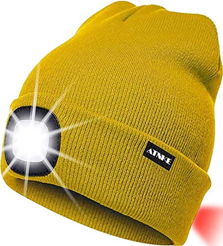 ATNKE 8LED beleuchtete Strickmütze, wiederaufladbare USB-Scheinwerferkappe mit extrem Heller, wasserdichter Lampe und Blinkender Alarm Rotes Rücklicht Multi-Color/Yellow