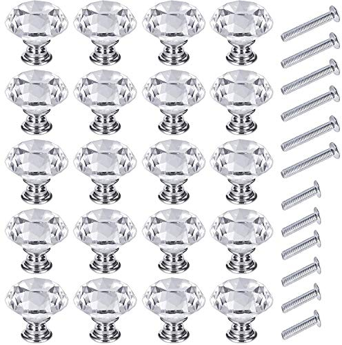 InFreesh 20Pcs Crystal Door Knobs 30mm Clear Glass Drawer Knobs Crystal Cut Door Handles Diamond Pulls Knobs with Screws for Home Kitchen Office Chest Cabinet Drawer Decorating (20 Silver)