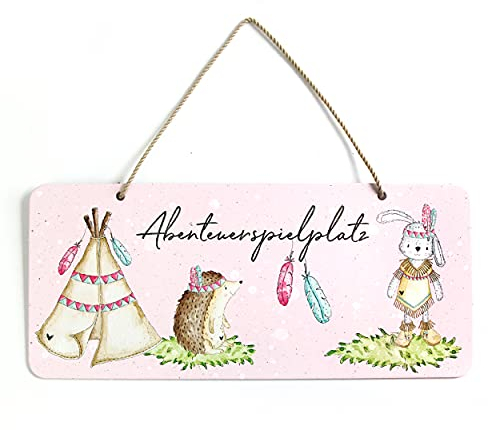 Türschild für Kinderzimmer 'Abenteuerspielplatz zum Aufhängen | Süße Türdeko für Innen | Deko Schild mit Igel, Hase und Indianerzelt für das Mädchenzimmer