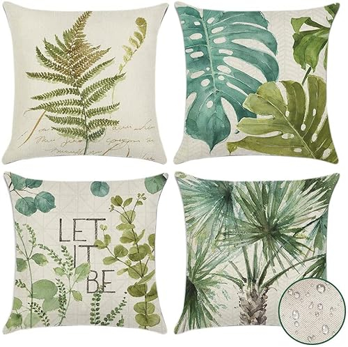 Artscope wasserdichte Kissenbezugen, 4 Stück Grüne Blätter Muster Kissenhülle Atmungsaktiv Kissen Fall für Outdoor Balkon Terrasse Patio Garten Bauernhaus Dekor 45 x 45cm