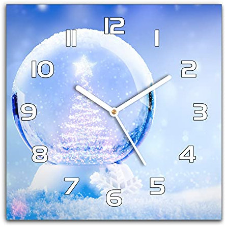 Coloray Weihnachten Wanduhr 30x30 cm Quadrat Gehärtetem Glas - Weiße Uhrzeiger - Wandkunst Bild Küche Wohnzimmer Glas Uhr Echtglas - Schneekugel mit Weihnachtsbaum