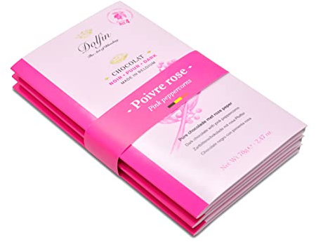 Dolfin Cioccolato (Pacco 3 Pezzi) Fondente con Pepe Rosa - Deliziosa Tavoletta di Cioccolato Artigianale - Gusto Piccante e Speziato - Dolciumi di qualità, Regalo a Golosi - Made in Belgio, 210 g