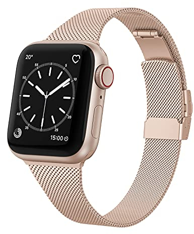 Tuocal Kompatibel mit Apple Watch Armband 42mm (Series 10) 41mm 40mm 38mm, Schmales Edelstahl Metall Ersatz armband für Apple iWatch Series 10 9 8 7 6 5 4 3 2 1 SE Sport Edition Damen, Roségold
