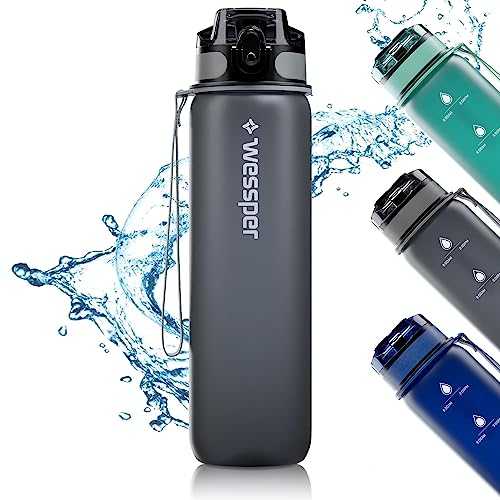 Wessper Tritan Trinkflasche 1L Grau Wasserflasche Mit Zeitmarkierung BPA-frei | Auslaufsichere Sportflasche Für Fahrrad Schule Kinder Wandern Sport | Water Bottle Fitness Flasche Spülmaschinenfest