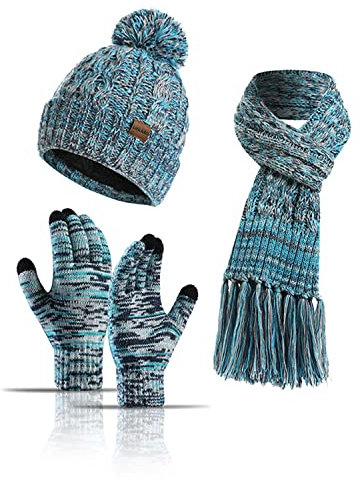 JOMA-E Shop Winter Warm Strickschal Beanie Mütze und Handschuhe Damen Kaltes Wetter Sets Weiche Stretch Mütze Schal und Fäustling Set Mädchen, blau, One size