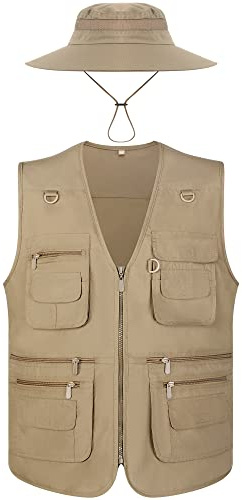 Janmercy 2 Stück Herren-Arbeitsweste mit Hut, leicht, Safari, Reisen, Jagd, Weste mit mehreren Taschen, Fischerhut