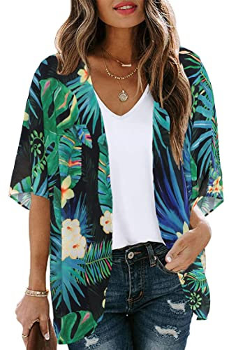 florynova Summer Kimono Floral Print Cardigan Hawaiian Top Beachwear Bathing Suit Cover Ups(Green Leaf,XL)