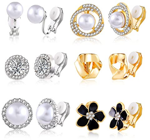 ASH'S CHOICE Rose Pearl Twist Knot Clip Earrings Set, 6 Pairs Hypoallergenic Non-Pierced Clip-On Earrings With CZ Rhinestone Flowers