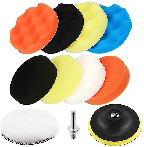 Swpeet Kit de 11 almohadillas de pulido de espuma para taladro de coche de 5 pulgadas, 5 colores, almohadillas de pulido de esponja de 5 pulgadas, almohadillas de lana de 5 pulgadas, ventosa con