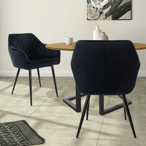 ML-Design 2er Set Esszimmerstühle mit Armlehne und Rückenlehne, Schwarz, Küchenstuhl mit Samtbezug, Polsterstuhl mit Metallbeinen, Ergonomischer Stuhl für Esstisch, Esszimmerstuhl Wohnzimmerstuhl