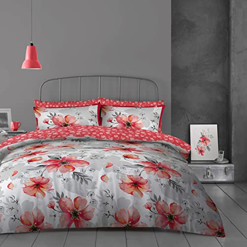 Super Dreamer Set completo di biancheria da letto con stampa, 4 pezzi, copripiumino matrimoniale + lenzuolo con angoli + federa in tessuto di policotone, reversibile, motivo floreale