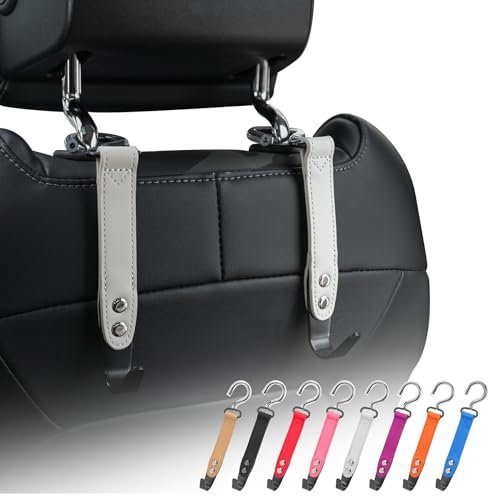 quipuda Car Bag Hooks, 2 Packs Headrest Bracket Car Hook, Genuine Leather Rotatable Car Seat Hooks,For Hanging Purse Handbags Shopping Bags (Gray)