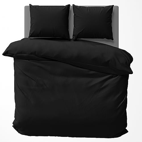 Visaggio 4 teilig Bettwäsche 135x200 cm Baumwolle Uni Bettbezug Garnitur Set Einfarbig Schwarz