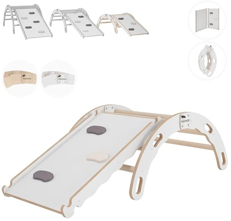 MAMOI® Kletterbogen mit rutsche, Kletterdreieck, Baby Klettern, Klettergerüst aus Holz, Holzbogen für Kinder, Rutschbrett für Spielplatz, Klettergerüst Indoor ab 1 Jahr 2/3 Jahre, Montessori