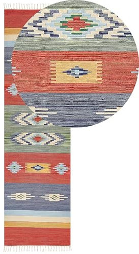 Beliani Kelim-Teppich Baumwolle bunt 80x300 cm handgewebt geometrisches Muster Kamaris