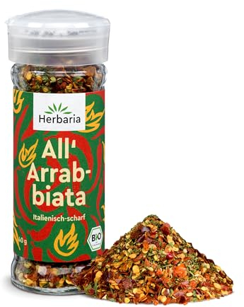 Herbaria All’ Arrabbiata bio 40g Streuer – fertige Bio-Gewürzmischung für Penne all’arrabbiata und scharfe italienische Gerichte - mit erlesenen Zutaten - im praktischen Glas-Gewürzstreuer