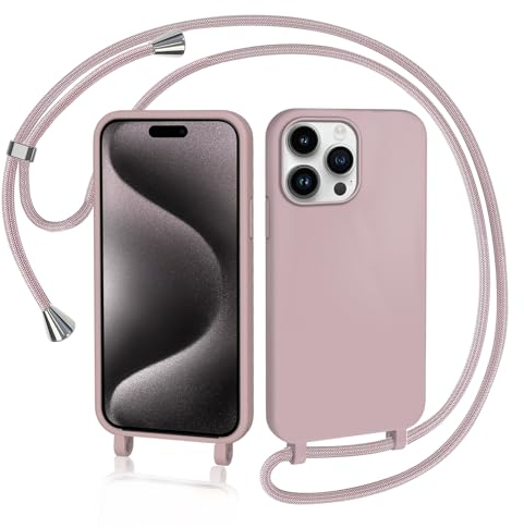 AOMYKE Coque pour iPhone 15 Pro Max avec Cordon, Collier Étui Silicone Liquide avec Tour de Cou Lanière en Corde Souple TPU Antichoc Housse - Rose