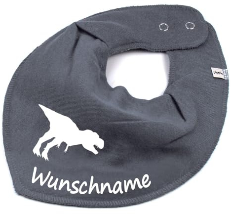 HALSTUCH mit Namen oder Text personalisiert für Baby oder Kind aus Baumwolle in Einheitsgröße Dino dunkelgrau